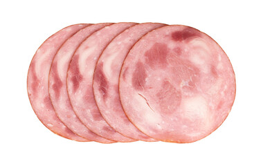 round pieces of ham isolated on white background with clipping path, five pieces of pork ham cut into slices laid out to create layout, italian food