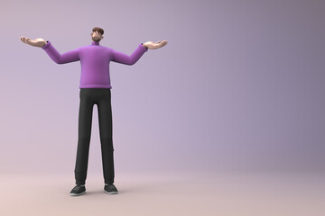 Man in casual clothes making gestures while talking. 3D rendering of a cartoon character