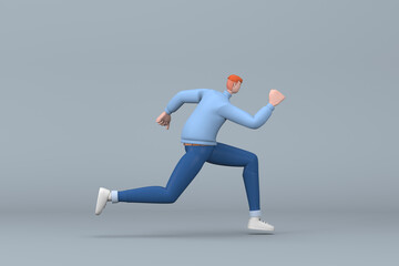 Man in casual clothes making gestures while pushing or running. 3D rendering of a cartoon character