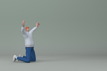 Man in casual clothes making gestures while sSit with your hands raised. 3D rendering of a cartoon character