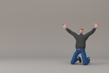 Man in casual clothes making gestures while sSit with your hands raised. 3D rendering of a cartoon character
