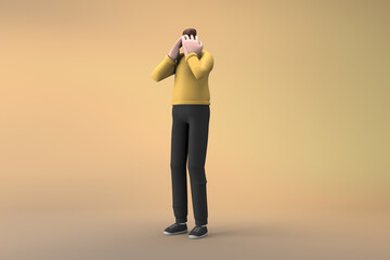 Man in casual clothes making gestures while talking. 3D rendering of a cartoon character