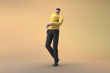 Man in casual clothes making gestures while talking. 3D rendering of a cartoon character