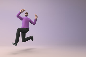 Man in casual clothes making gestures while pushing or running. 3D rendering of a cartoon character