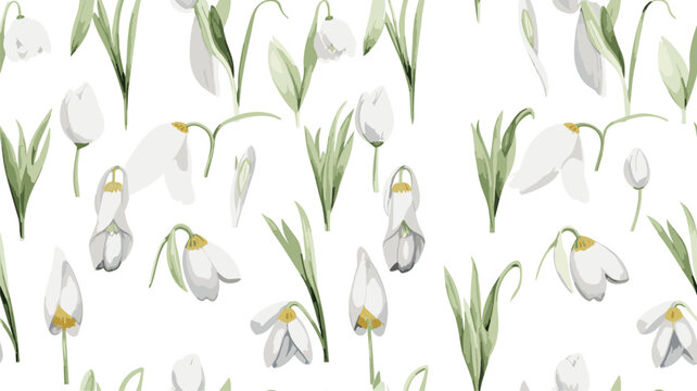 Seamless Botanical Pattern With Snowdrop Flowers. Delicate Floral Background. Handmade Watercolor Drawing. Template Design For Textiles, Interior, Clothes,