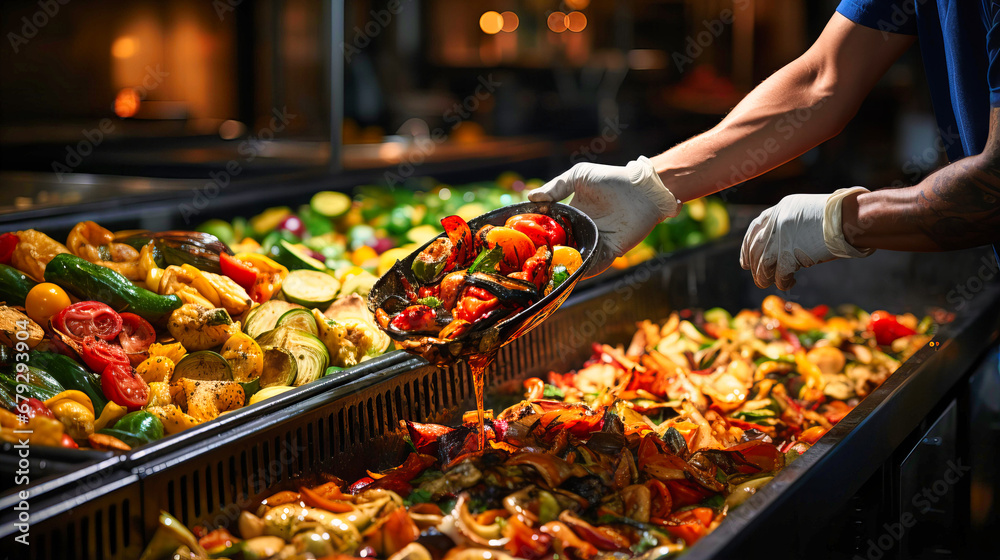 Wall mural A Person Carefully Scoops Vegetables at a Restaurant Buffet