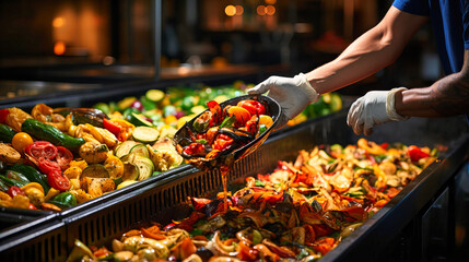 A Person Carefully Scoops Vegetables at a Restaurant Buffet