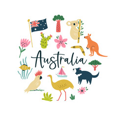 Colorful composition, circle design with famous symbols, animals of Australia.