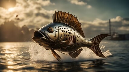Obraz premium fish in the sea A dynamic scene of a steampunk mahi-mahi fish, 