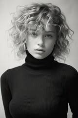 young woman with curly hair wearing a black turtleneck sweater - studio front portrait