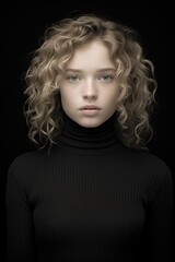 Fototapeta premium young woman with curly hair wearing a black turtleneck sweater - studio front portrait