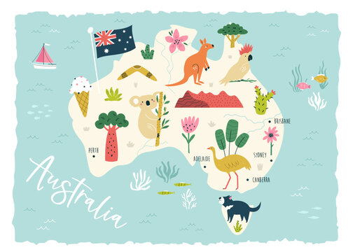 Colorful illustrated hand drawn map of Australia with famous symbols and animals