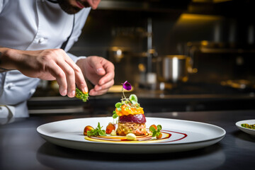 Chef garnishes exquisite dish, showcasing culinary artistry and passion for haute cuisine. Ideal for highlighting fine dining, gastronomy expertise, and sophisticated process of creating gourmet food - obrazy, fototapety, plakaty