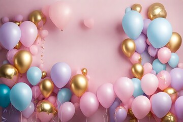 Fototapeta na wymiar balloons in pink background with yellow and blue balloons decoration at the border with text copy space in the middle with party bushes and five pound pink flavor cake on the table with pink roses 