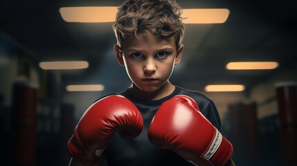 Portrait of a 10-year-old child in boxing clothes and gloves in a boxing gym