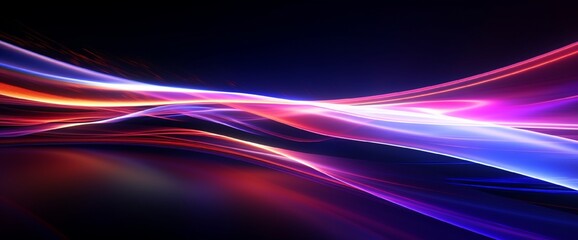 3d Neon light effect glowing trails. Colorful Light motion speed background. Motion blur long time effect. Technology 5g design concept. Laser beam sparkling on dark scene. Fast moving to futuristic.