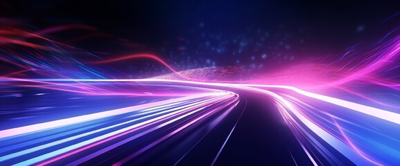 3d Neon light effect glowing trails. Colorful Light motion speed background. Motion blur long time effect. Technology 5g design concept. Laser beam sparkling on dark scene. Fast moving to futuristic.