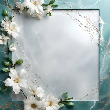 Luxury gold green white square marble background with golden frame and green flowers