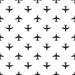 Seamless pattern  with outlines of plane symbols. Texture with black silhouettes of airplanes. Elements are evenly spaced. Decor, pattern template, wallpaper.