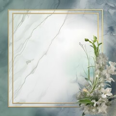 Luxury gold green white square marble background with golden frame and green flowers