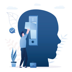 Mentor or psychologist turned switch on in giant head. Turn on brain to think, creativity and thought. Smart thinking, emotional intelligence and mindset. Wisdom, knowledge concept.