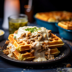 Belgian waffles with tuna, cheese and sour cream on a plate. AI Generative