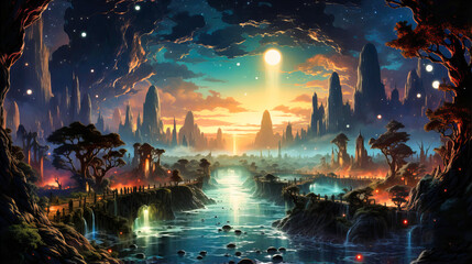 Alien Architecture, Tranquil Lake, and Cosmic Imagery in a Sci-fi Fantasy Landscape. Otherworldly City Scape