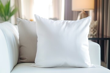 blank white polyester pillow with no pillow sitting on a couch - closeup mockup template - obrazy, fototapety, plakaty