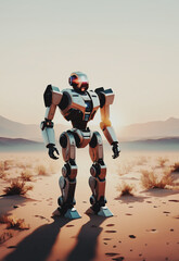 moderno e sofisticato robot in piedi fermo in un paesaggio desertico alla luce del tramonto - obrazy, fototapety, plakaty
