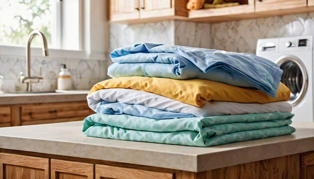 Stack of clean clothes on countertop in laundry room, closeup