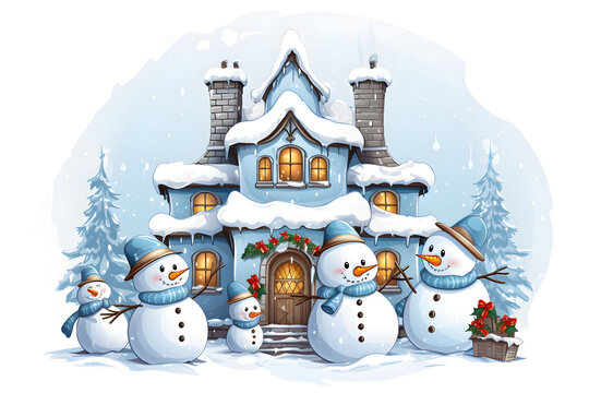 The blue house is covered with snow, there are snowman family outside, Cartoon image, white background, isolated