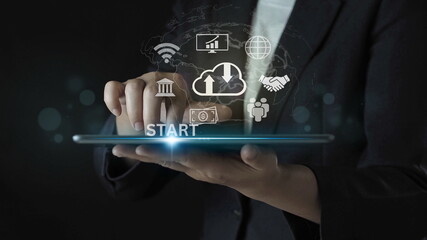 Startup concept with icon business and network connection on modern virtual interface from digital tablet. man touching on tablet