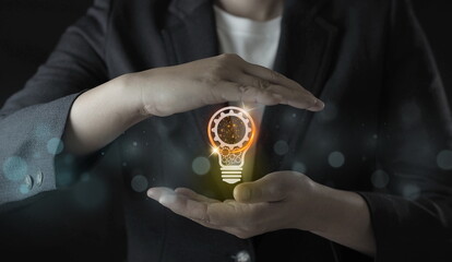 Innovation. Hands holding light bulb for Concept new idea concept with innovation and inspiration, innovative technology in science and communication concept.