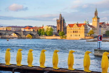 Museum Kampa's Yellow Pinguins, modern art in Prague, Czech Republic and view of old town with...