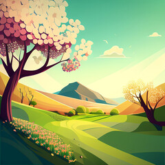 Joyful Nature Harmony: Vector Spring Landscape Art