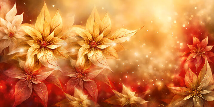 Christmas background with the xmas plant poinsettia in gold and red colors with dreamy ethereal effect and copy space
