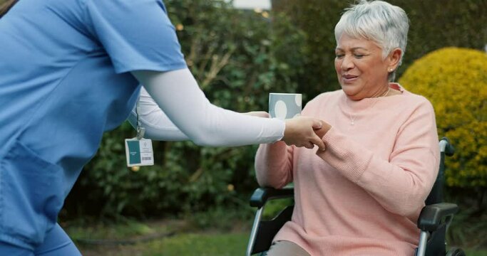 senior woman, retired and outdoor with coffee, garden and relax at nursing home, healthcare and support. Retirement, wheelchair and person or patient in old age facility, help or enjoy long term care