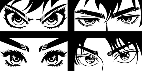 Close up eye look of manga style characters. Anime young woman and man eyes set. Asian culture cartoon style eyes. Black and white comic cartoon eyes vector template for you designs.