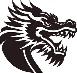 Dragon head side view. Simple shaped dragon logo or stamp. Dragon with opened mouth and fangs. Asian culture symbol of a new 2024 year. Fantasy magic reptile predator. Vector dragon head.