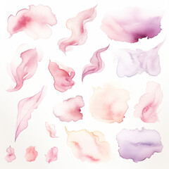 Colorful Abstract Watercolor Clipart Texture Set On White Background, Pastel Watercolor Clipart for Feminine Creations. Watercolor Clipart In Shades of Pink and Violet.  Brush Stroke Splash. Generativ