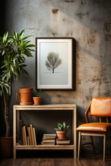 Modern home interior with designer wooden dresser, poster mockup, live plants, accessories in stylish home decor.
