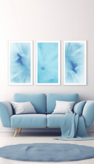 Mockup poster frame close up on wall painted pastel blue color, 3d render. AI generated