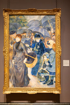 London, UK - May 19, 2023: The Umbrellas painting by Pierre-Auguste Renoir, is an oil-on-canvas exposed in National Gallery of london, England