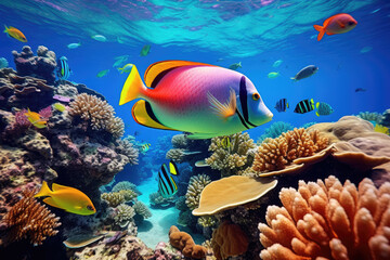 Fototapeta na wymiar Underwater with colorful sea life fishes and plant at seabed background, Colorful Coral reef landscape in the deep of ocean. Marine life concept, Underwater world scene.