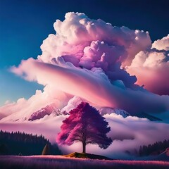 a tree and the forest behind it is covered by white cloud | sunrise over the mountains, cloudy sky