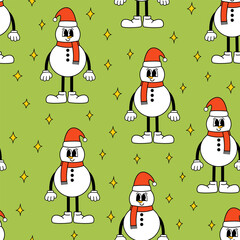 Seamless pattern with christmas snowman and stars. Vector holiday background. Retro groovy character, vintage mascot.