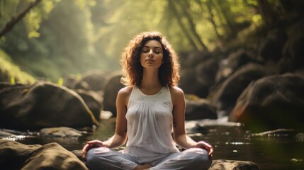 A young white woman meditating in nature, practicing mindfulness and focused breathing to improve her mental well-being.