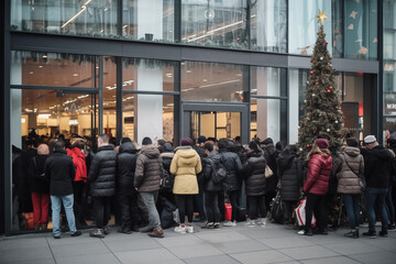 a crowd of people waiting outside a storefront, people shopping frenzy