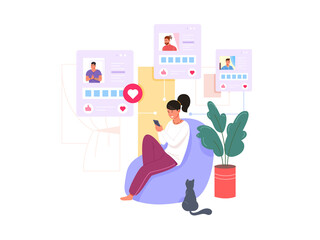 Woman search love in phone. Girl using dating mobile application finding like partner, person with cellphone hand send message online profile romantic date garish png