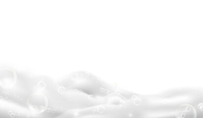 Realistic bathtub foam. 3d lather for soapy bathed bath or basin, beauty cream mousse fresh shower, shampoo bubbles, liquid hygiene soap laundry detergent, tidy png illustration - obrazy, fototapety, plakaty